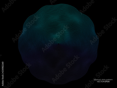 Abstract flowing wave dots pattern in circle shape light blue and green colorful isolated on black background. Vector design element in the concept of music, technology, innovation, A.I.