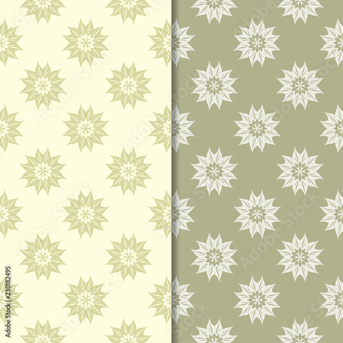 Olive green floral designs. Set of seamless patterns