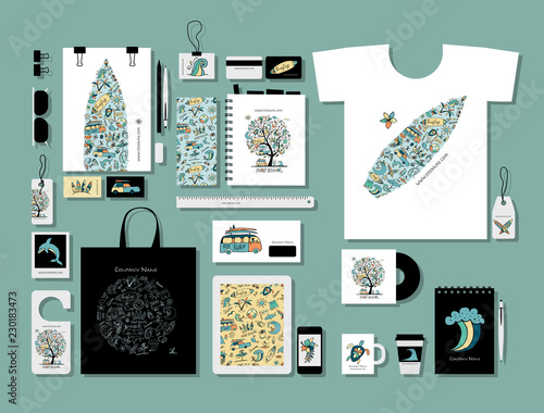 Surf school design. Corporate flat mock-up template