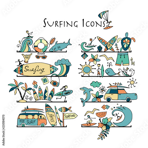 Surfing icons collection. Shelves for your design