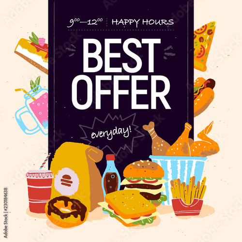 Vector hand drawn illustration for fast food cafe special offer advertising or banner design with pizza, donut, soda, burger, fries, sandwich, chicken, cheesecake etc. Chalkboard drawing, sketch style
