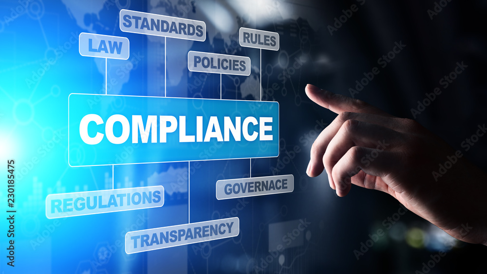 Compliance concept with icons and text. Regulations, law, standards, requirements, audit diagram on virtual screen. Compliance concept with icons and text. Regulations, law, standards, requirements, audit diagram on virtual screen.