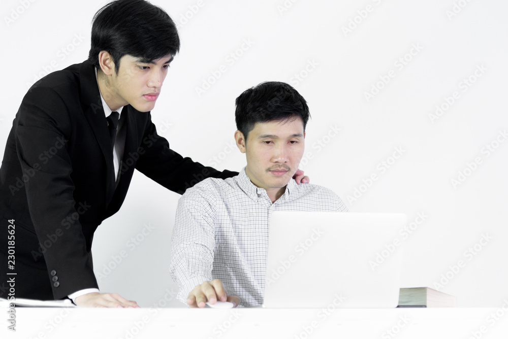 Asian manger businessman and employee salary man has working together with feeling happy and success, isolated on white background. Asian manger businessman and employee salary man has working together with feeling happy and success, isolated on white background.
