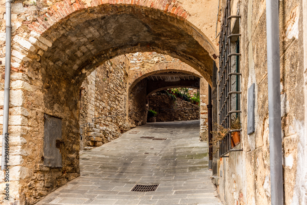 Naklejka premium Kolorowe wąskie uliczki w średniowiecznym mieście Campiglia Marittima w Toskanii - 13