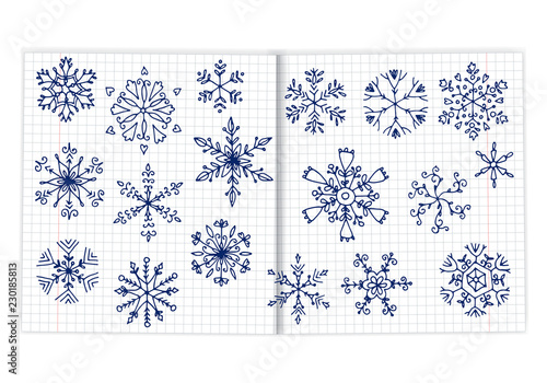 doodles of snowflakes drawn in a notebook, vector