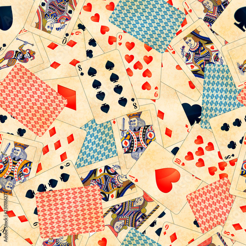 A lot of detailed colorful poker cards with old paper texture, vintage seamless pattern