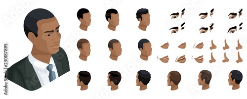 Isometric Create emotions for your character, African American man, business man. Set of stylish hairstyles and emotions, sadness, joy, happiness