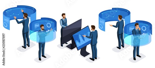 Isometrics set of businessmen, young entrepreneurs working with gadgets, virtual screen, front view rear view