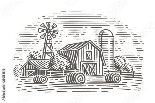 Farm landscape illustration. Rustic scene. Vector. 