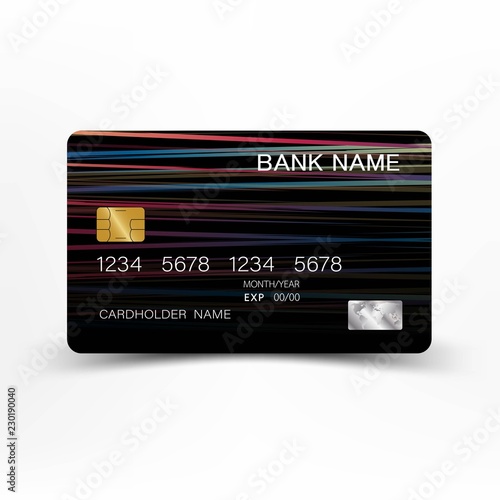 Realistic detailed credit card. colorful and black on the gray background.