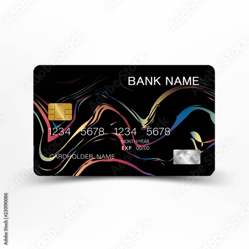 Realistic detailed credit card. colorful and black on the gray background.