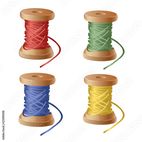 Set of spool of cartoon colorful thread. Equipment sewing workshop isolated on white background. Vector close-up illustration.