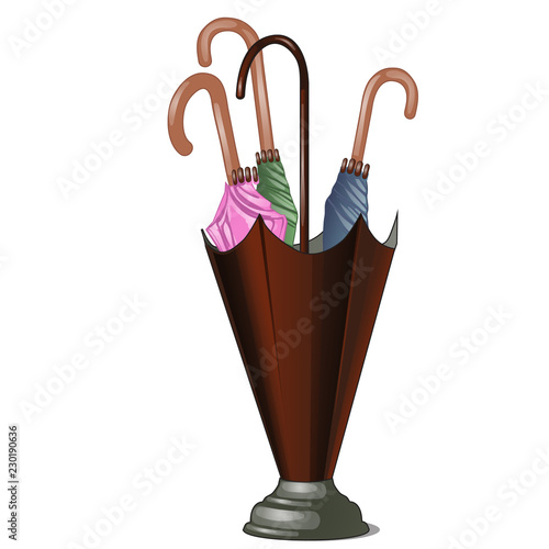 Umbrella stand with colorful umbrellas isolated on white background. Vector cartoon close-up illustration.