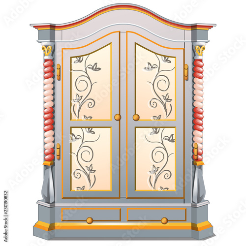 Vintage wardrobe with patterned ornament isolated on white background. Vector illustration.