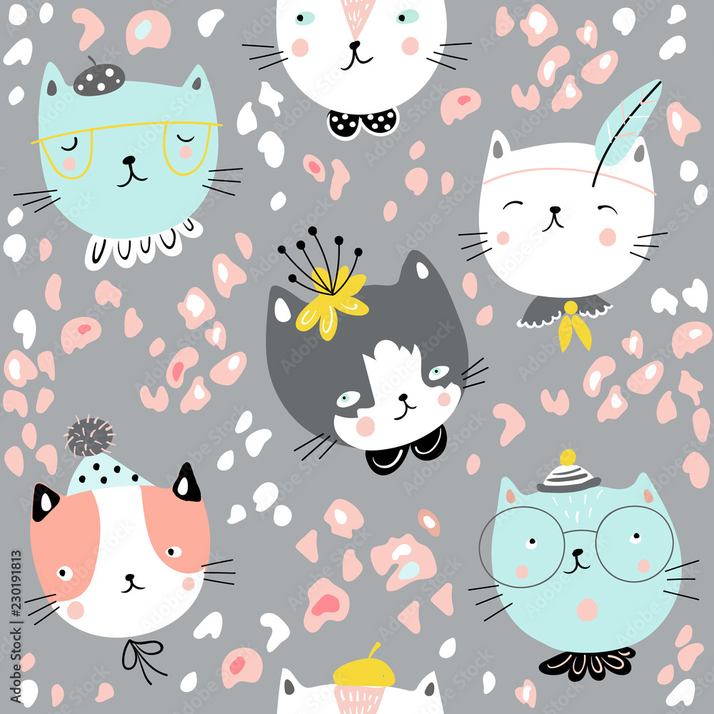 Child seamless pattern with cute cat faces. Vector baby design for fashion apparels, fabric, textile; wrapping and wallpaper.