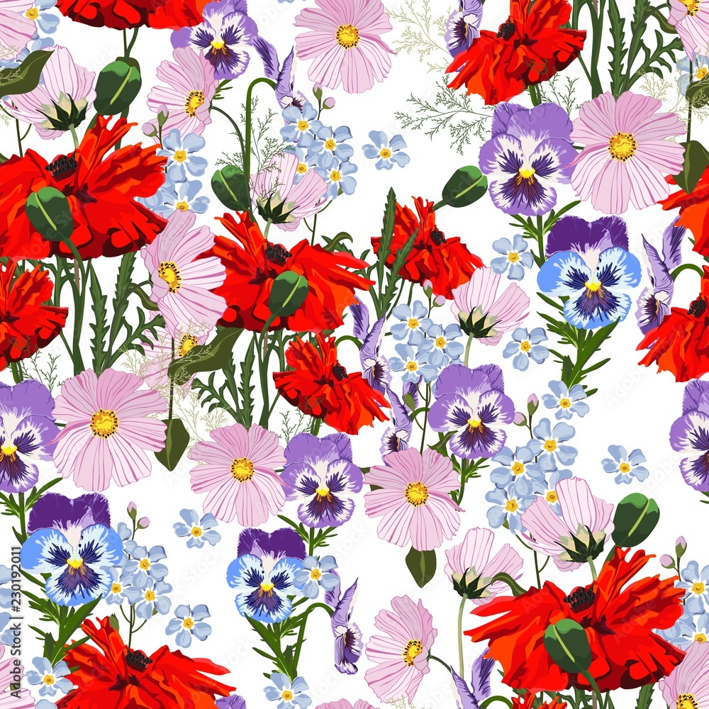 Summer spring wild pink, violet flowers, red poppy and blue forget-me-not flowers. White background. Seamless floral pattern. Textile pattern. Field wild of flowers.