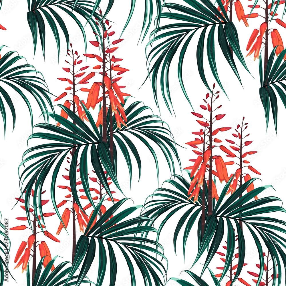 Seamless tropical pattern with palm leaves and exotic orange flower in bloom. White background.