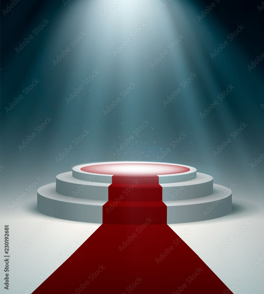 Fototapeta premium Round podium with red carpet and light effect, vector design