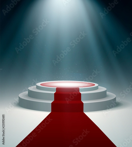 Round podium with red carpet and light effect, vector design