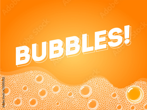 Soap Bubbles in Bath or Sud. Vector. Transparent Foam on Orange Soda water background.