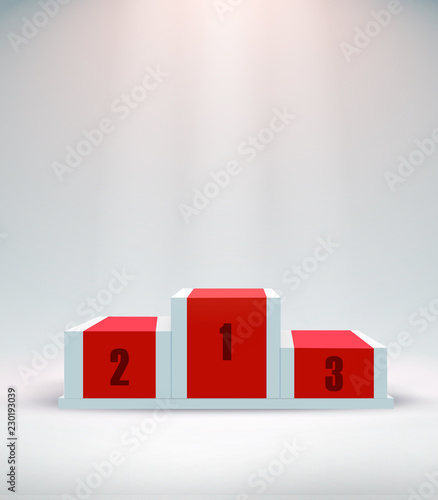 White winners podium with red carpet . Stage for awards ceremony. Pedestal. Spotlight. Vector illustration.