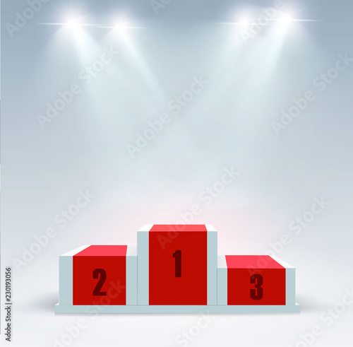 White winners podium with red carpet . Stage for awards ceremony. Pedestal. Spotlight. Vector illustration.