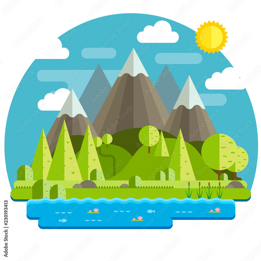 Simple vector of a mountain landscape with hills and a lake with plants and fish.