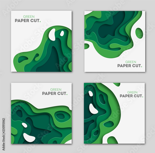 Banners set 3D abstract background, green paper cut shapes. Vector design layout for business presentations, flyers, posters and invitations. Carving art, environment and ecology elements