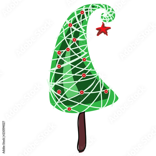 Cartoon topiary in the form of a cone Christmas tree with baubles. Sketch for greeting card, festive poster or party invitations.The attributes of Christmas and New year. Vector illustration.