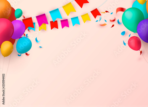 Celebrate banner. Party flags with confetti and balloons. Vector illustration.