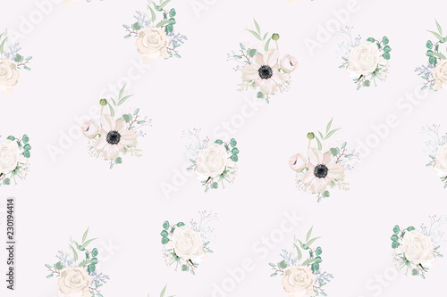 Seamless pattern,  floral watercolor style design: garden powder Anemone flower, white roses silver Eucalyptus branch, succulent, greenery leaves. Rustic romantic background print. © Iuliia