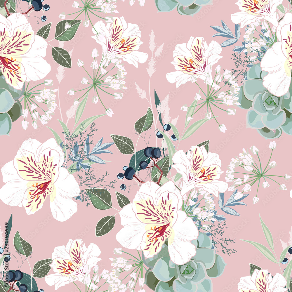 Seamless Pattern With White Alstroemeria Flowers Leaves And Berries Hand Drawn Vintage Background Floral Pattern For Wallpaper Or Fabric Pink Backdrop Stock イラスト Adobe Stock