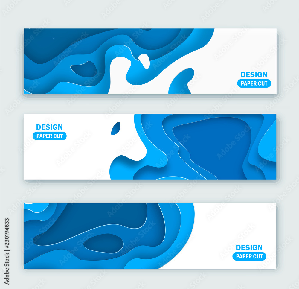 Horizontal banners with 3D abstract background, blue paper cut shapes. Vector design layout for business presentations, flyers, posters and invitations. Carving art