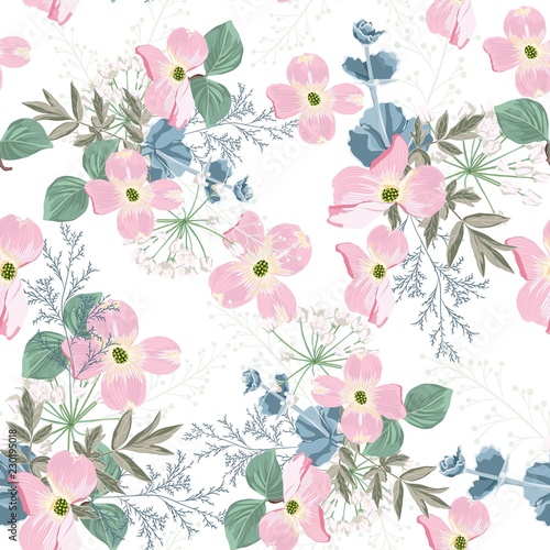 Spring autumn pink flowers with white herbs seamless pattern. Watercolor style floral background for invitation, fabric, wallpaper, print. Botanical texture. White background.