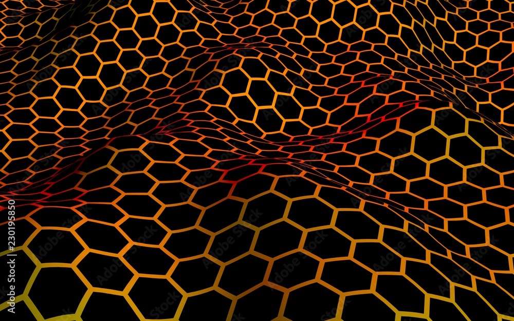 Honeycomb wave effect on a red yellow background. Perspective view on polygon look like honeycomb. Isometric geometry. 3D illustration Honeycomb wave effect on a red yellow background. Perspective view on polygon look like honeycomb. Isometric geometry. 3D illustration
