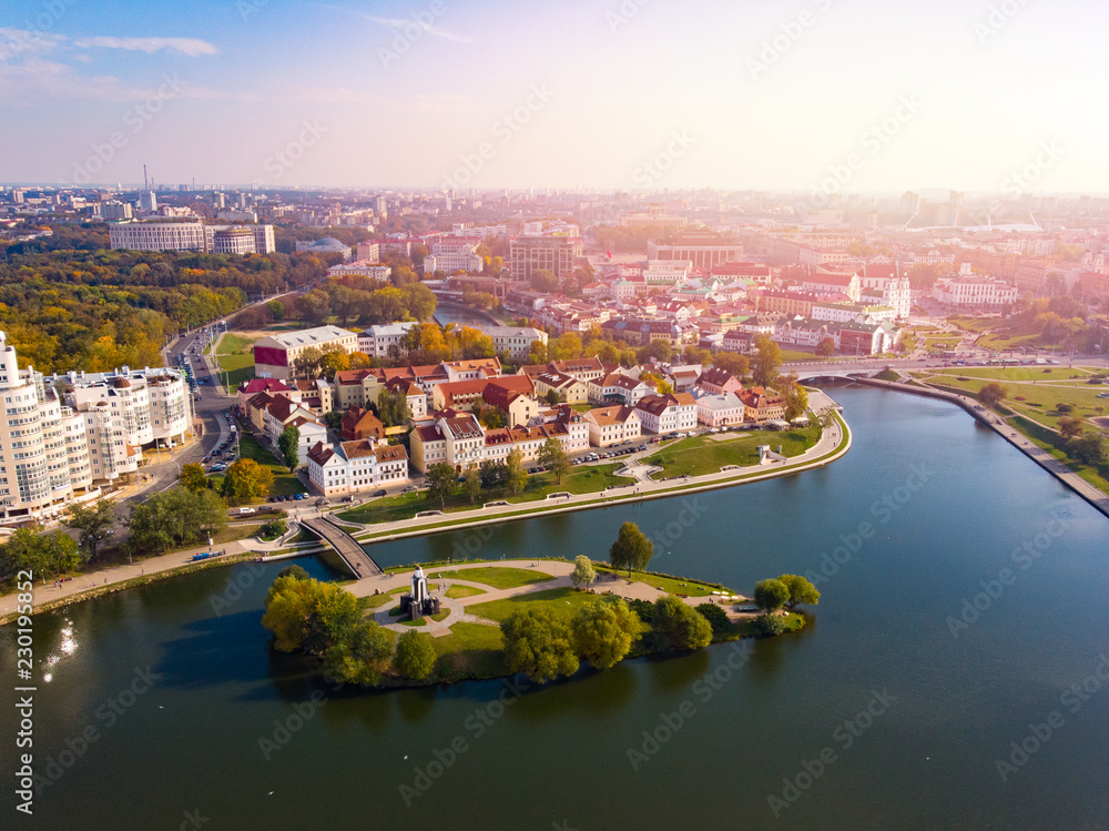 Obraz premium Aerial view drone, cityscape of Minsk, Belarus. Sunset. Panorama