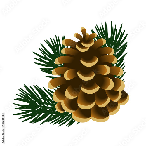 Single pinecone and twigs of pine tree isolated on white background. Sample of the poster, invitation and other cards. Vector illustration.