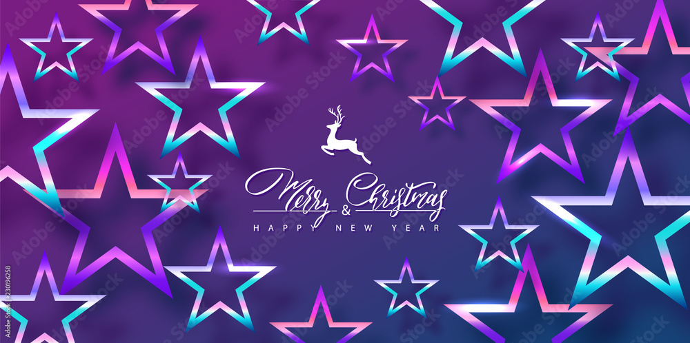 Merry Christmas and Happy New Year background with colored stars. Modern design.Universal vector background for poster, banners, flyers, card. Merry Christmas and Happy New Year background with colored stars. Modern design.Universal vector background for poster, banners, flyers, card.
