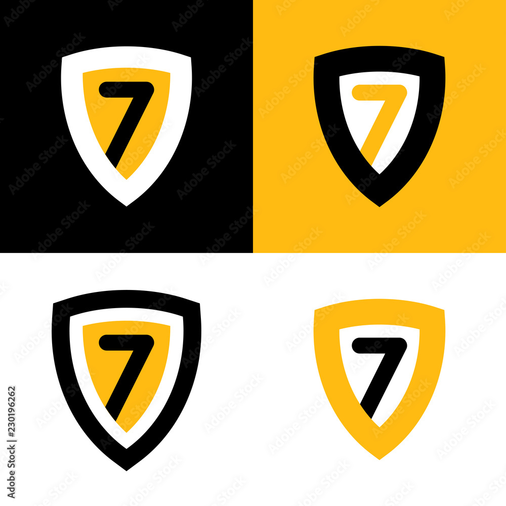 Set of Vector Logo in Black, yellow and white colors. Shield Badge with Seven. Set of Vector Logo in Black, yellow and white colors. Shield Badge with Seven.