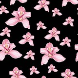 Pink purple tender orchid phalaenopsis floral seamless pattern. Exotic spring summer flowers in bloom on black background.