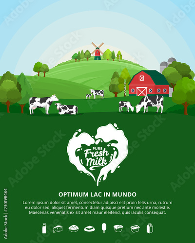 Vector milk illustration with milk splash, farm, cows and calves