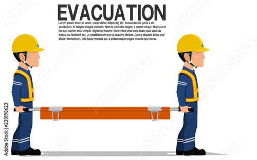 Two workers is lifting  the empty stretcher on transparent background