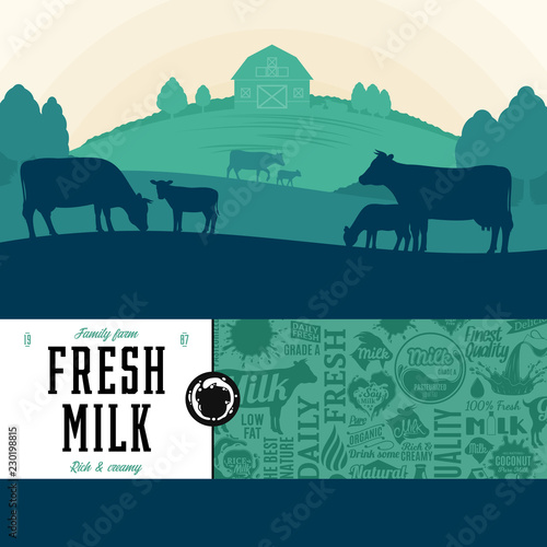 Milk illustration. Rural landscape. Cows and calves