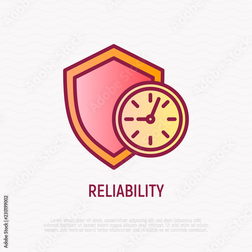 Reliability thin line icon: shield with clock. Symbol of support. Modern vector illustration.