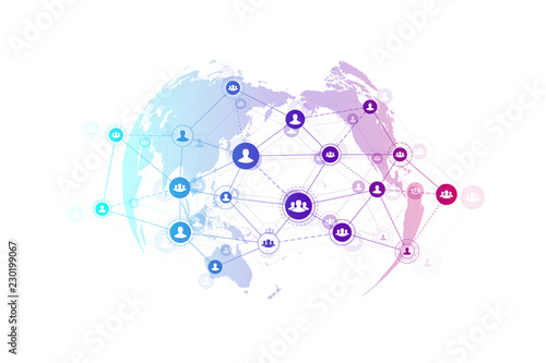 Abstract people connection technology concept with dotted world globe. Global business concept and internet technology background. Modern company processes. Analytical networks. Vector illustration.