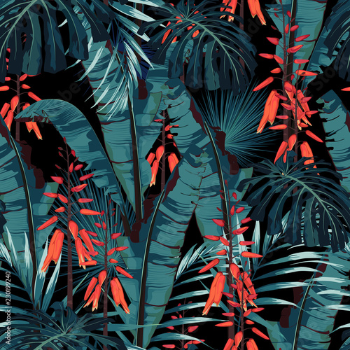 Seamless pattern floral watercolor style design: succulent in bloom with orange flowers and palm and bananas leaves. Modern bright summer print design. Black background print. 