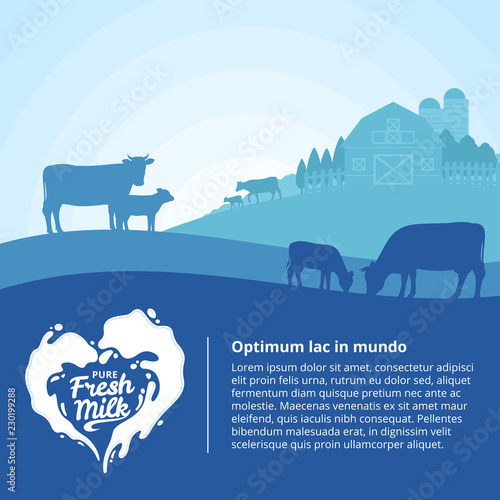 Vector milk illustration with cows, calves and farm