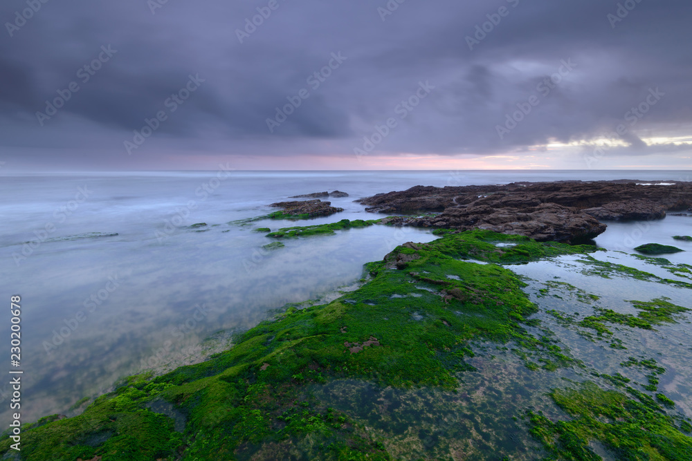 Amazing sea landscape at sunset. Seascape on beach of coast of portugal. outdoor colorful natural landscape with clouds in the sky.Cascais, Lisbon.
