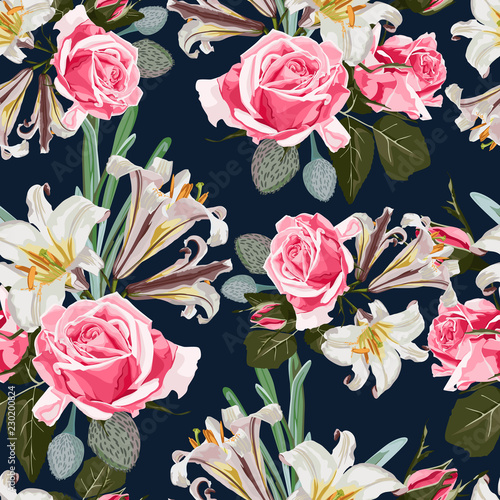 Seamless pattern. Beautiful fabric blooming realistic flowers. Vintage background. Roses  lilies and greens. Dark blue background.