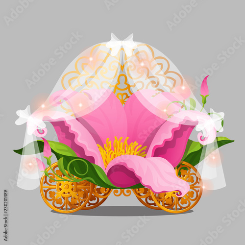 Fantasy bed the Princess in a pink flower petals with gold wheels of a fabulous carriage isolated on a grey background. Vector illustration.